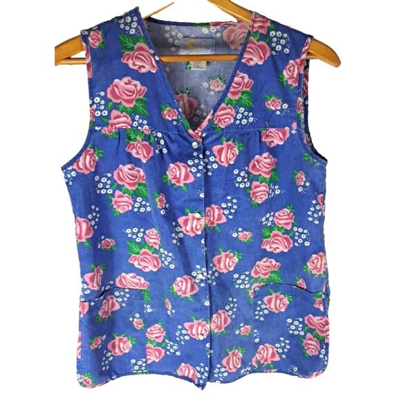Vintage Womens Artist Smock Vest Blue Pink Roses Pearl Snap Pockets Moon Dance S - Picture 1 of 5